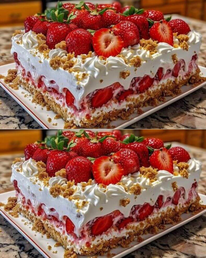 Strawberry Crunch Poke Cake